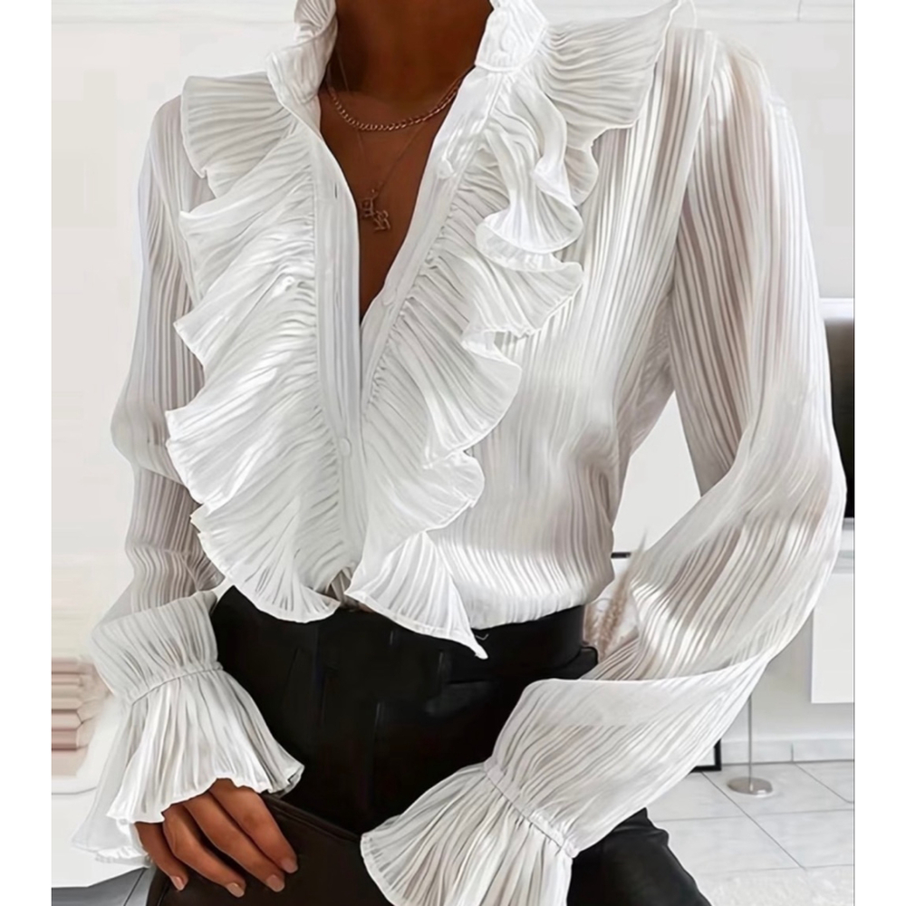 Sheer ruffle front dress blouse. With silver metallic thread enhancements.